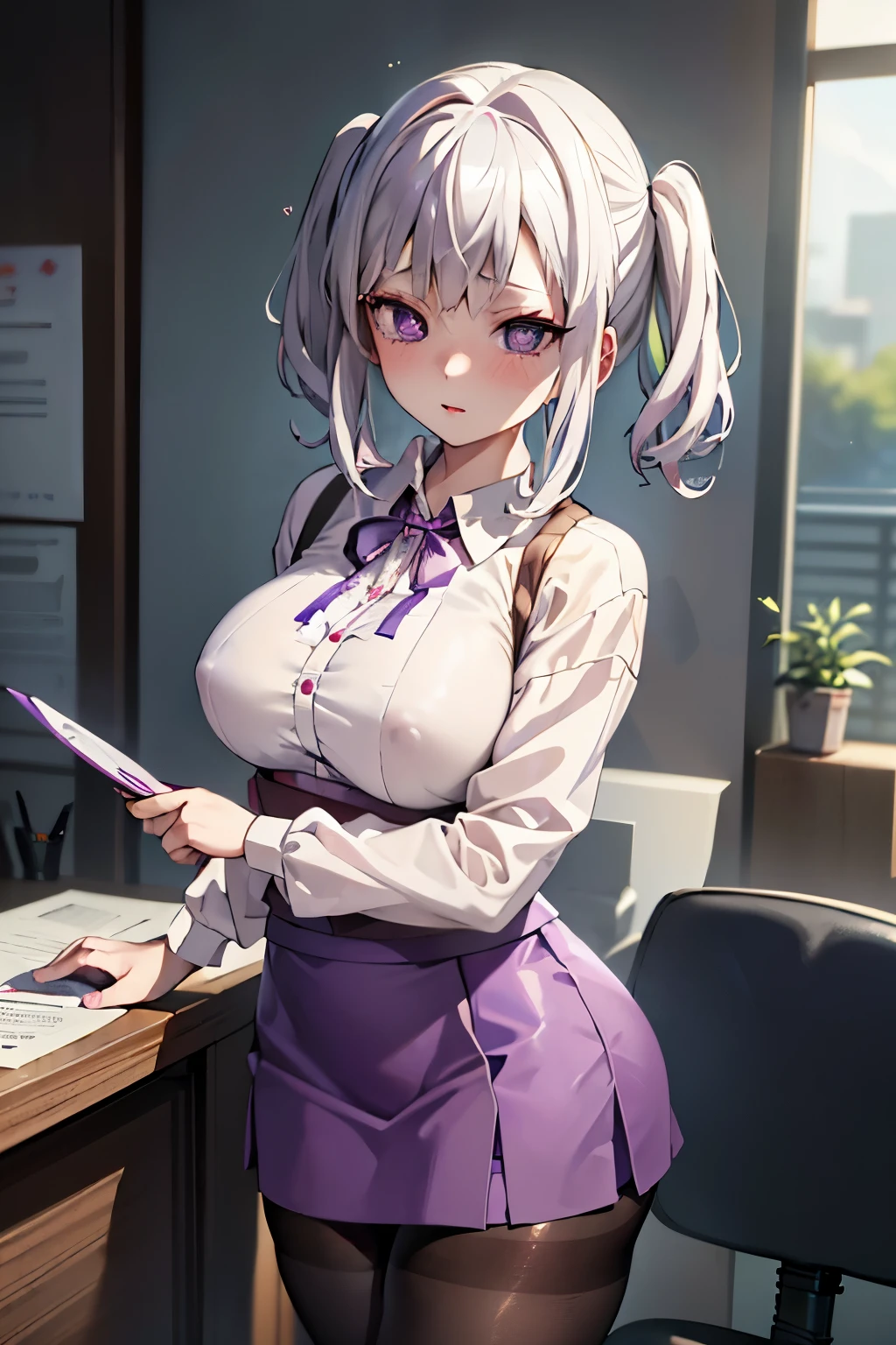 (Highest quality:1.1), (masterpiece:1.4), (Absurd:1.0), Portrait, Close-up,
One Girl、Amane Sanyashiki、White Hair、Purple eyes、D cup breasts、((office worker))、Looking at the audience、Bedroom、(blush:1.2)、Embarrassed expression、((pantyhose))、(Tight Skirt)、mini skirt、blouse