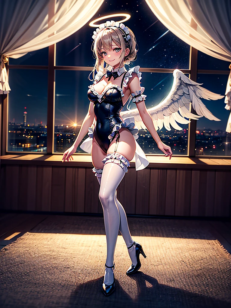 Highest Resolution,8K quality,Smiling beautiful girl in maid leotard,High leg,(((Frills))),White angel wings on your back,Halo,Bedroom,Night view outside the window,Very beautiful eyes,whole body,front,Knee-high stockings,Drink,