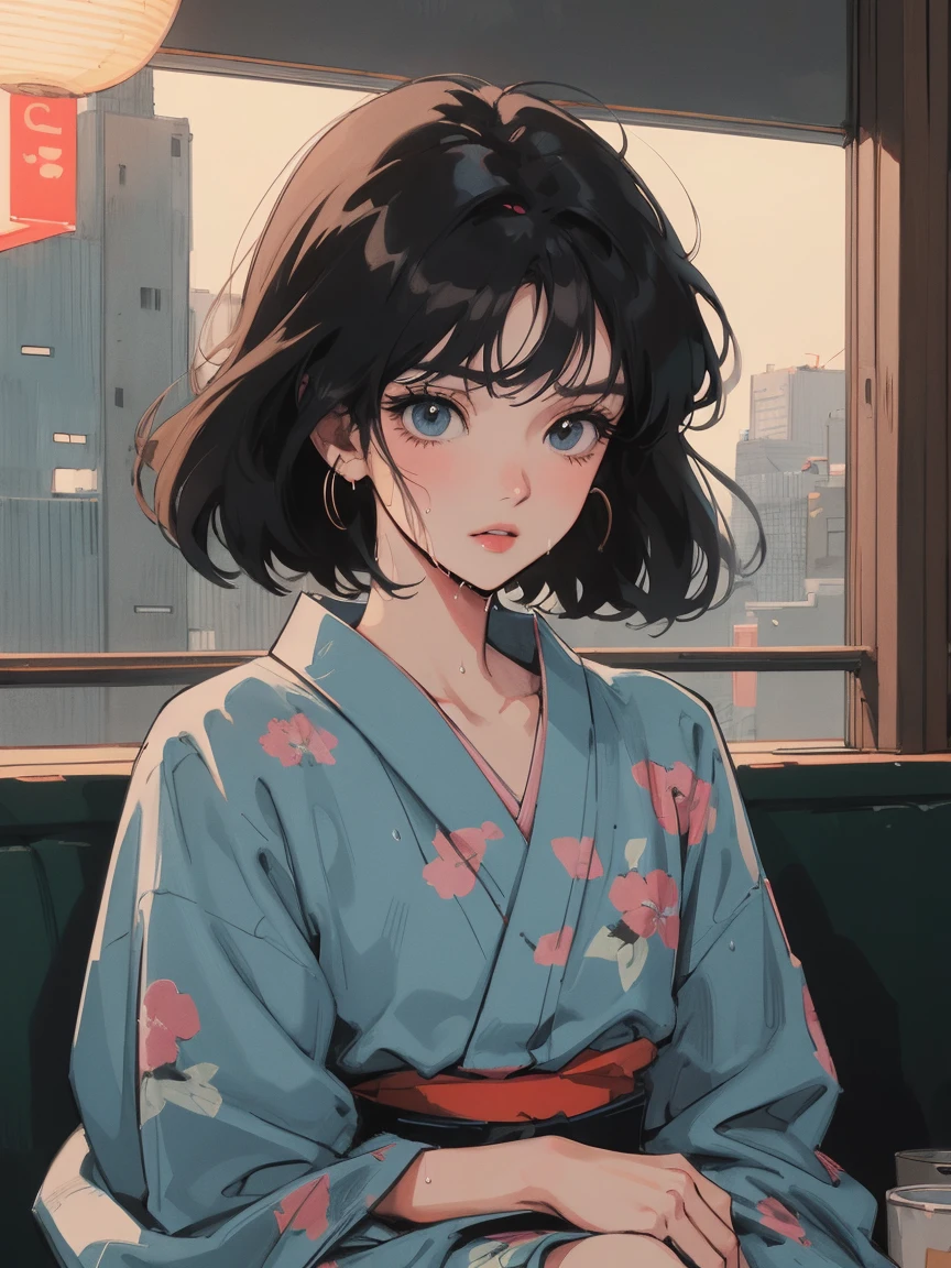 anime girl sitting on floor looking out window at city, anime aesthetic, anime vibes, Lofi Artstyle, Lo-fi portrait. anime, Lofty Girl, anime art wallpaper 4 k, anime art wallpaper 4k, anime art wallpaper 8 k, anime background art, Lofi Color, Lofi Art, anime asthetic, Bob Hair, In the city at night, Tokyo, Wet day, Urban city,  yukata, Japan, kimono