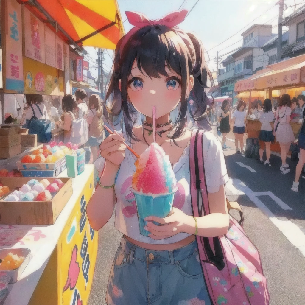 Anime girl eating shaved ice at a shaved ice shop, Straw in mouth,Cute Anime Girl, 80s anime style,Anime Style 4k, pretty girlのアニメビジュアル, Soda themed girl, Lo-fi Girl, Beautiful Anime Girls, anime art wallpaper 4k, anime art wallpaper 4k, Anime Art Wallpapers 8K, pretty girl, Eating ice cream, Anime Girl Desktop Backgrounds