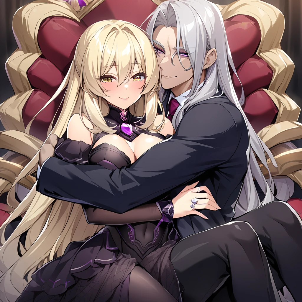 ((Highest quality)), ((masterpiece)), (detailed), (Perfect Face)、The woman has dark complexion, medium-long silver hair, is wearing an engagement ring, and is hugging the man with a happy expression.、The man is the evil leader, Naioro, a handsome man with medium-long blonde hair, wearing a black bodysuit and embracing a woman.、A man and a woman are sitting close together on a luxurious throne、A man and a woman are a deeply loving couple