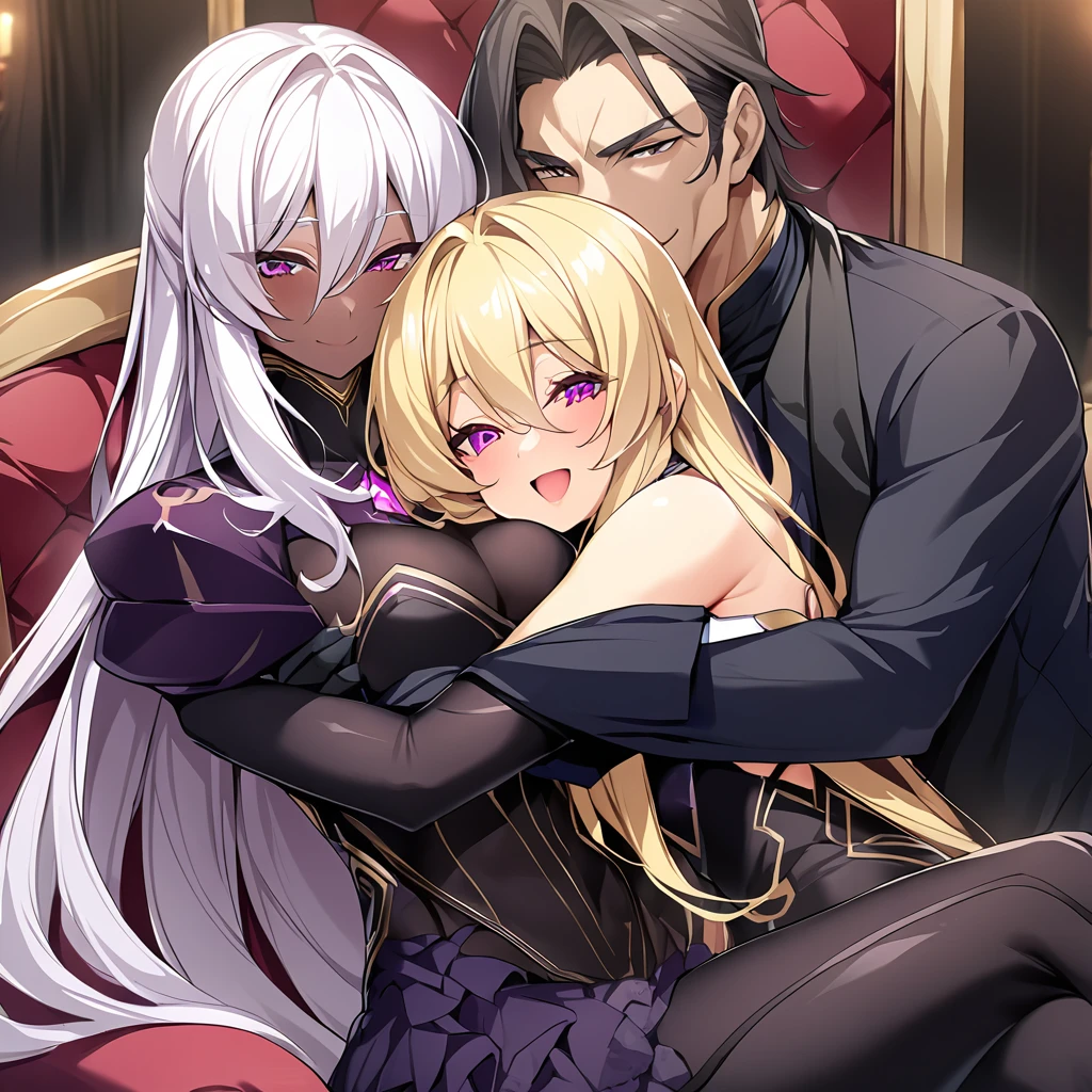 ((Highest quality)), ((masterpiece)), (detailed), （Perfect Face）、The woman has dark complexion, medium-long silver hair, is wearing an engagement ring, and is hugging the man with a happy expression.、The man is the evil leader, Naioro, a handsome man with medium-long blonde hair, wearing a black bodysuit and embracing a woman.、A man and a woman are sitting close together on a luxurious throne、A man and a woman are a deeply loving couple