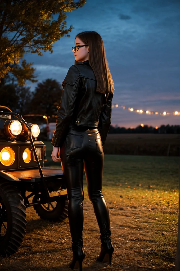 teenager girl, pale, wearing glasses brown shoulder length brown straight hair, black leather jacket, black leather leggings, black heels, halloween night on the hayride low angle backside view