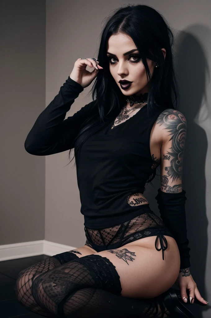 : goth girl, tattoos, open mouth, thigh highs, small , dark lighting ambience