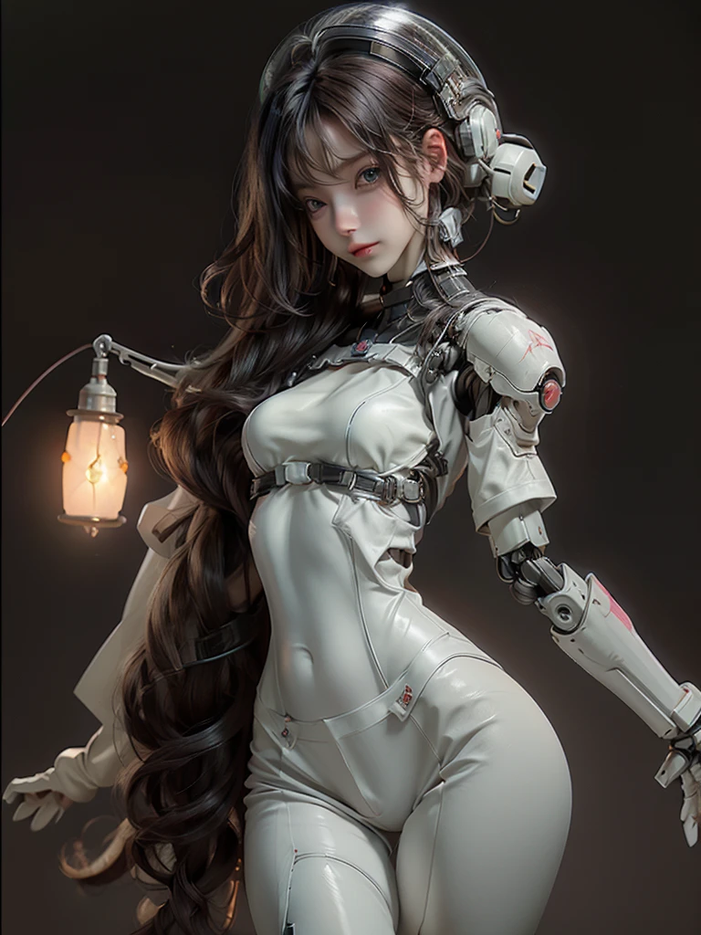 Extremely cute human girl face, human torso, human huge , human abdomen, human hips, robotic arms, mechanical legs, arms and legs with hard white shiny shell and black joints, very beautiful and feminine, short, , small, small, busty buttocks, medium bust, cleavage display, flat belly display, partial helmet with antenna on the ear, black robot joints, very stylish, award-winning product design, black rubber tights, The shiny white metal breastplate opens at the cleavage and abdomen, the white metal buttocks are wrinkled, and the armor has stylish, glowing trims