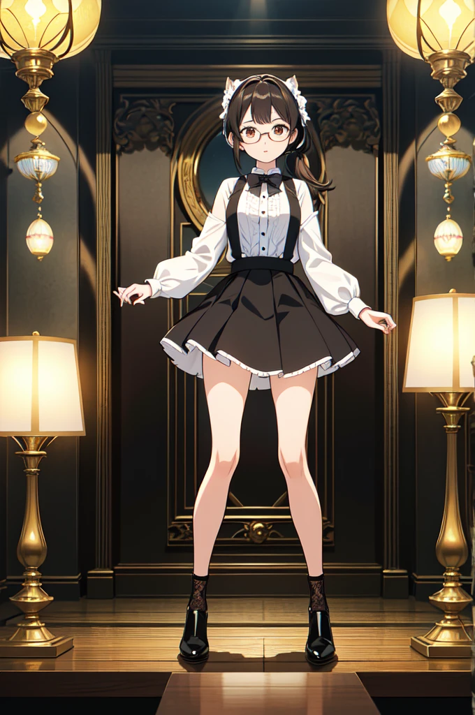masterpiece, 32k, extremely detailed, finely detail, intricate details, 
BREAK
(absurdres:1.1, highres:1.1, ultra detailed:1.1),
insanely detailed, absurdres, 
(high resolution:1.1, ray tracing:1.1, refraction:1.1)
(1 female, 独奏:1.3), 
BREAK
perfect symmetrical face, pony tail, Long Flared Skirt, ((Glasses)), 黒髪
BREAK
(((full body))), standing, 
BREAK