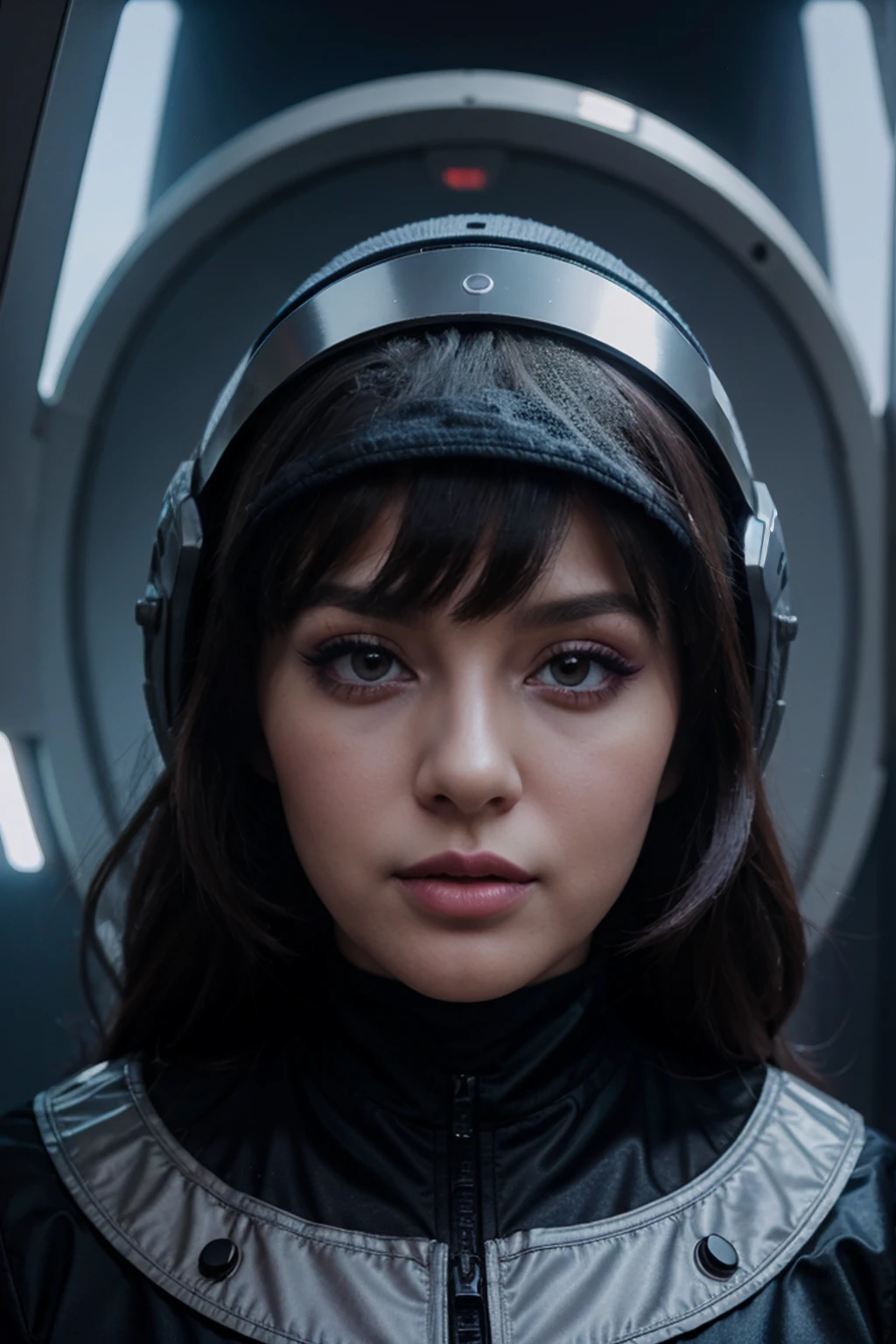 portrait, real девушка, space, highest quality, plump pink lips, dark hair, makeup, mysterious, cute dressed sexy, Cosmic clothing, looks sexy, real, beautiful, dressed in futuristic spy outfit, spaceship, супер beautiful фигура, super quality