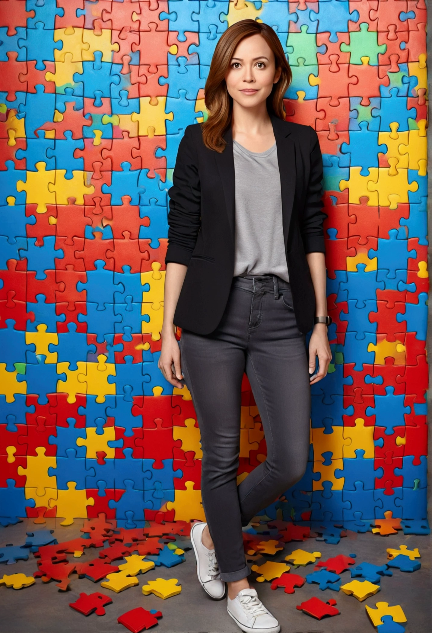 3D PIXAR STYLE POSTER. WOMAN 35 YEARS OLD, with light skin, MEDIUM BROWN HAIR ON THE SIDE, eyes browns, black blazer, black jeans pants, gray shirt, White sneakers, notebook in hand, COLORFUL BACKGROUND WITH RED PUZZLE, Unripe, azul e amarelo