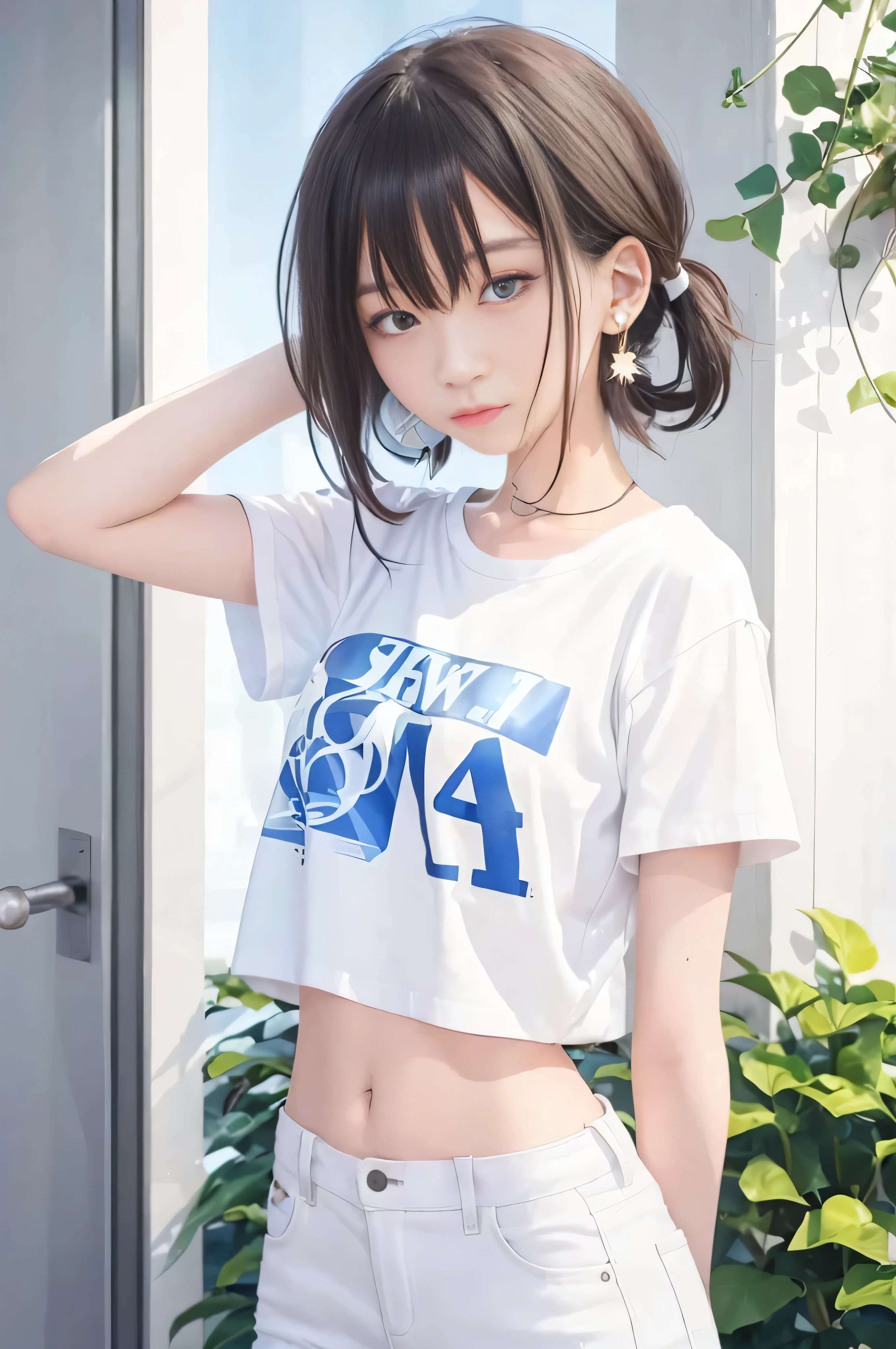 (Raw quality:1.4), Girl posing for photo in white good and tight denim, Put your arms behind your back, whole body, Cropped T-shirt, good, Slim figure, Small Bust, Slim girl model, female model,