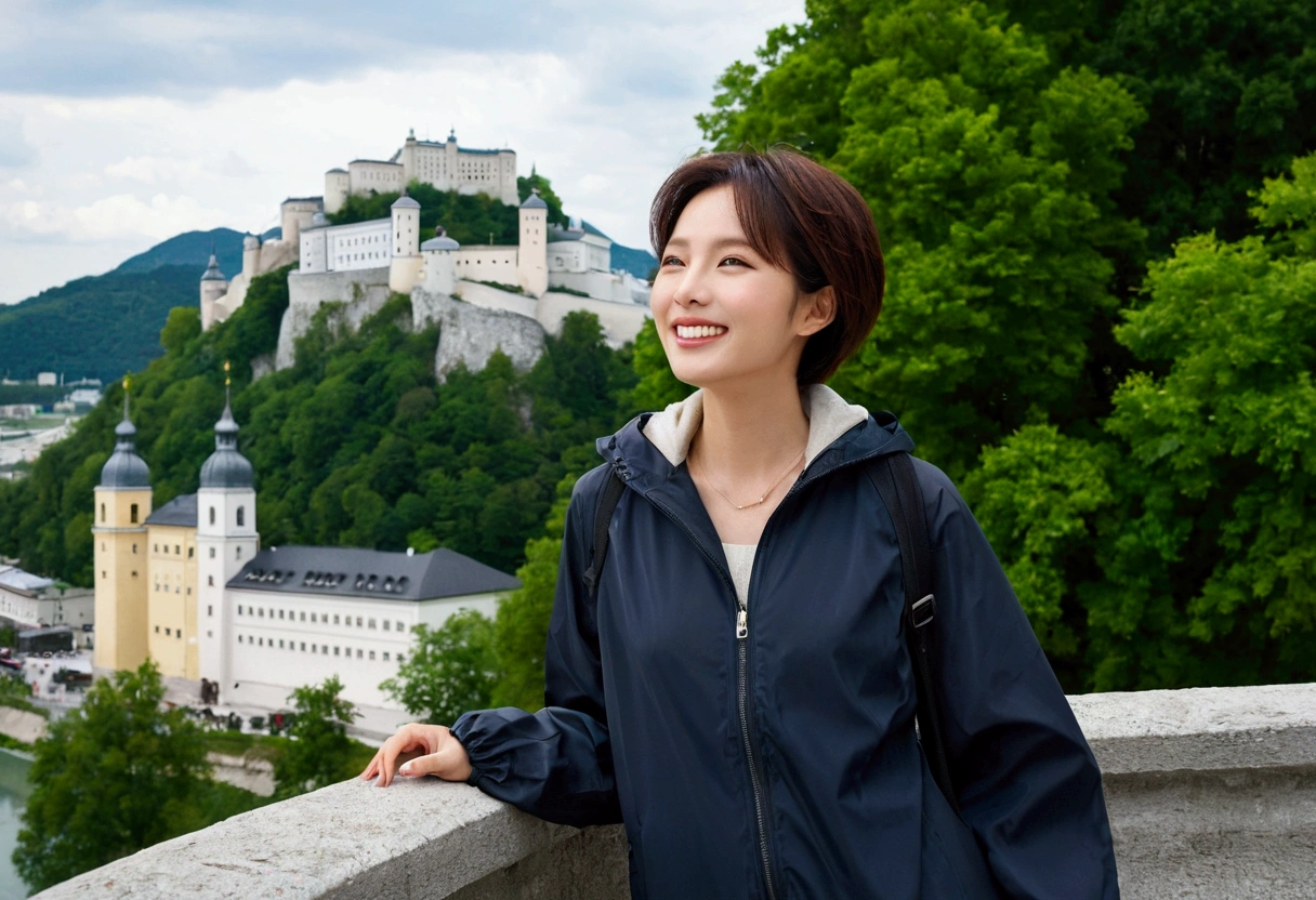 high quality, 1 woman, ((36 years old 건강한 한국 여성)), ((36 years old)), 1 woman, The eyes are big and beautiful. ((slim)), ((short medium hair)), laugh. pose: standing, windbreaker jacket, background:Your residence is a baroque townhouse with a plaster façade and wrought iron railings.... Overlooking the Salzach River and Hohensalzburg Fortress, looking slightly upward, 1 woman, Full body shot with Canon 16-34 wide angle lens, View: river view, look up to the side