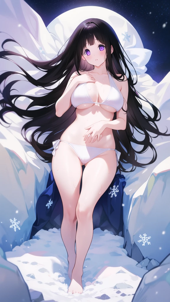 Chitanda,只有一个beautiful girl,Purple Eyes, Black Hair, Natural straight hair, Straight bangs,Extremely refined,open your lips,Face is so red,Very white skin,Skin as delicate as porcelain,Glowing skin,big eyes,Flowing long hair,beautiful girl, Like a dream,Slim,Slim waist,Soft, (Sensual), (Kawaii), Dream quality,Sweaty and sweaty,Wet skin,Side breasts,snowflake,Playing in the snow on the snow mountain,Looking up,Looking up,Thighs clamp hands,Hands reach into your pants,White transparent bikini,Profile,(Completely naked),Gluteal groove,The outline of the breasts is visible through clothing,Completely naked的背部,nacked hip,very close,Deep V neckline,Loose neckline,Beautiful big breasts,No pants,nopan,no pants,Bare shoulders,There are no shoulder straps,Exposed collarbone,Delicate clavicle,Delicate hands and feet,Bare neck,There are no clothes around the neck,Bare thighs,Exposed groin,Camel toe,extremely shy,Ultra-high resolution, (masterpiece:1.2, best quality), (Delicate and beautiful eyes: 1.2), (Beautiful and delicate face)