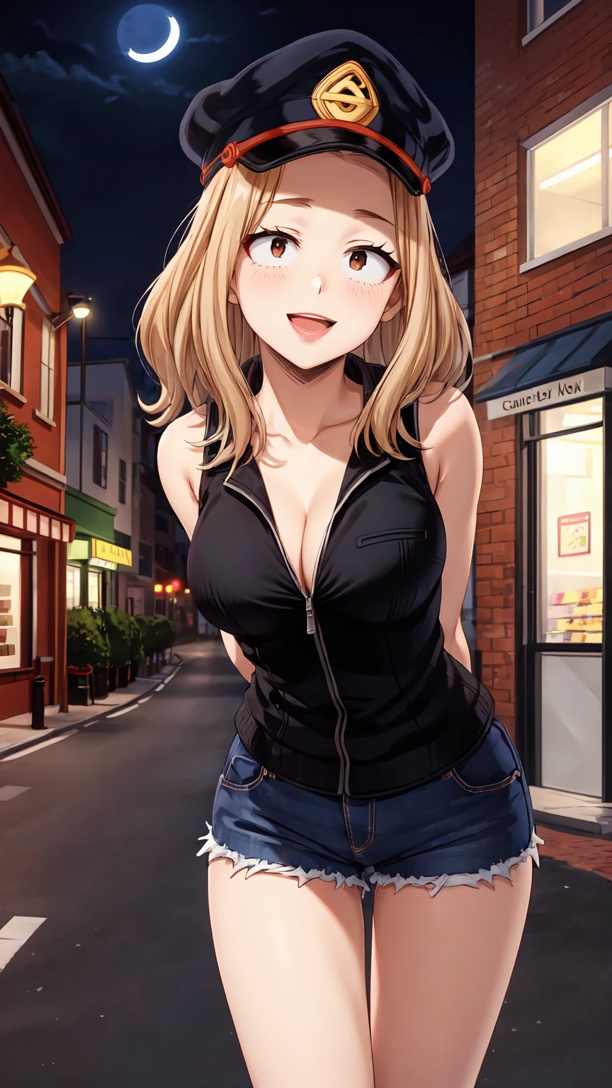 Masterpiece ,best quality , high resolution , (face view , look at view , (pov front view) , (pov from front)) , (1 girl solo:1.38) , (camie, long hair, brown hair, brown eyes, peaked cap , lipstick , eyeliner)) , (slim , tall , slender , thin) , (cleavage:1.02) , (big breast:1.03) , (wear top tank , sleeveless , denim_micro_short , stockings , (arms behind back , hand behind back) , (leaning forward:1.35) , ( outdoor , night , lamp , moonlight , road , on street , in front of shop ) , (open mouth , smile , full face blush , shy ) , (standing , thighs ) , (cowboy_shot)