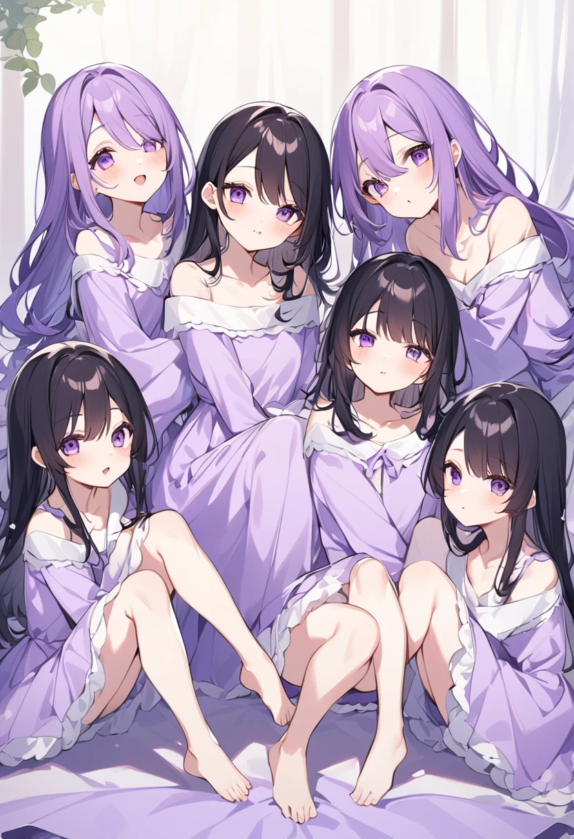 Keito。Purple pajamas。Purple Eyes。Black Hair。Six Barefoot Sistery eldest daughter has lavender hair.。all female。Sextuplets。Purple bed