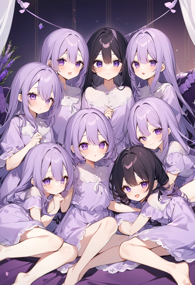 Keito。Purple pajamas。Purple Eyes。Black Hair。Six Barefoot Sistery eldest daughter has lavender hair.。all female。Sextuplets。Purple bed