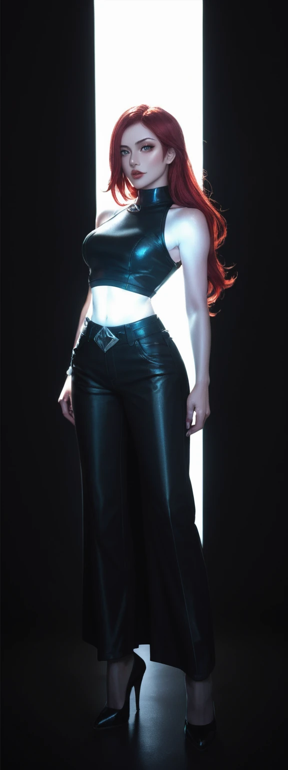 realistic, score_9, score_8_up, score_7_up, score_6_up, 
1girl, solo, from front, full body, Katarina \(league of legends\),  black background, makeup, sidelighting, backlighting, glowing,