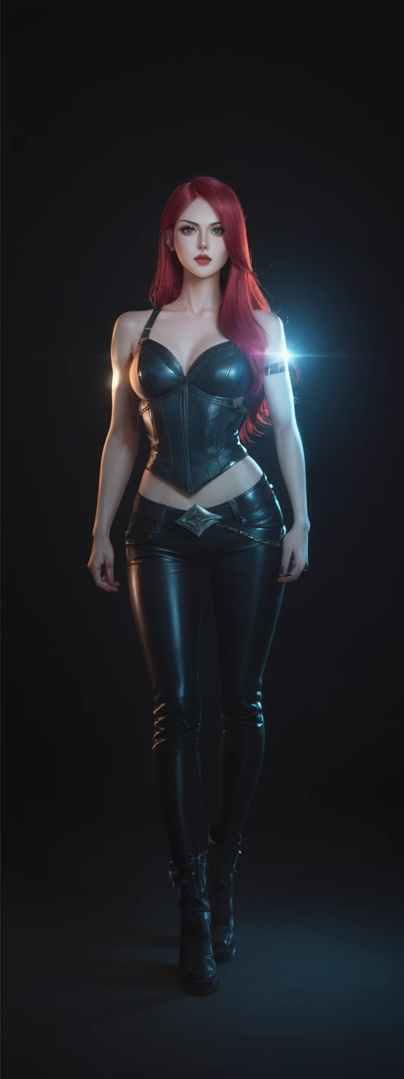 realistic, score_9, score_8_up, score_7_up, score_6_up, 
1girl, solo, from front, full body, Katarina \(league of legends\),  black background, makeup, sidelighting, backlighting, glowing,