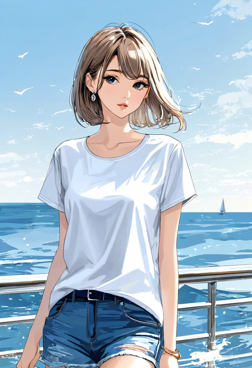 (Short-sleeved,White),(Fashionable),(Model),(Woman),(In her 20s),(Sea),(best quality:1.2),(master piece:1.2),(8k),(16k:1.2),(Illustration),(Best Quality:1.2),(Ultra-detailed:1.2),(top-quality:1.2),(masterpiece:1.2)