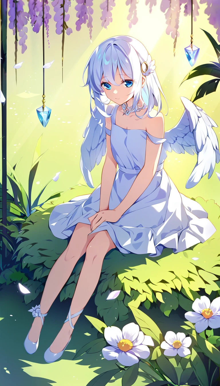 one girl, fallen angel, angel wing, angel ring, sacred, cute, naive, sitting, 15 years old, beautiful, light blue eyes, white dress, white hair