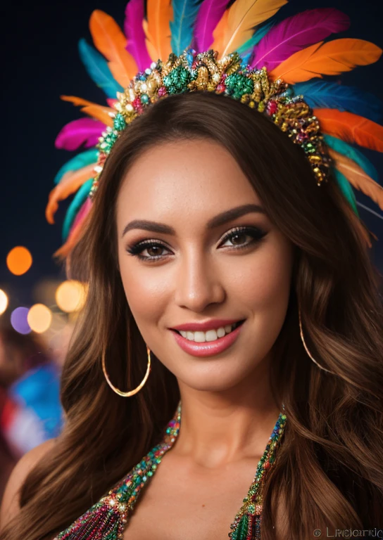 (Best Quality,4k,8k,high resolution,Masterpiece:1.2),ultra detailed,(realist,photorealist,fotorrealista:1.37),HDR,HD,u Latina woman,30 years,long blonde hair,honey colored eyes,beautiful smile,smiling softly,happy expression,personalized girl,colorful and bright suit,feather and sequin decorations,headdress made with feathers and gems,makeup made with vibrant colors and glitter,falling confetti,energetic dances and turns,colorful ribbons swirling in his hands,Crowd cheering in the background,enjoying the vibrant atmosphere of the Carnival parade,vivid colors,pulsating music,happy and festive atmosphere,night atmosphere with colorful lights illuminating the scene,bokeh lights that create a dreamlike atmosphere.