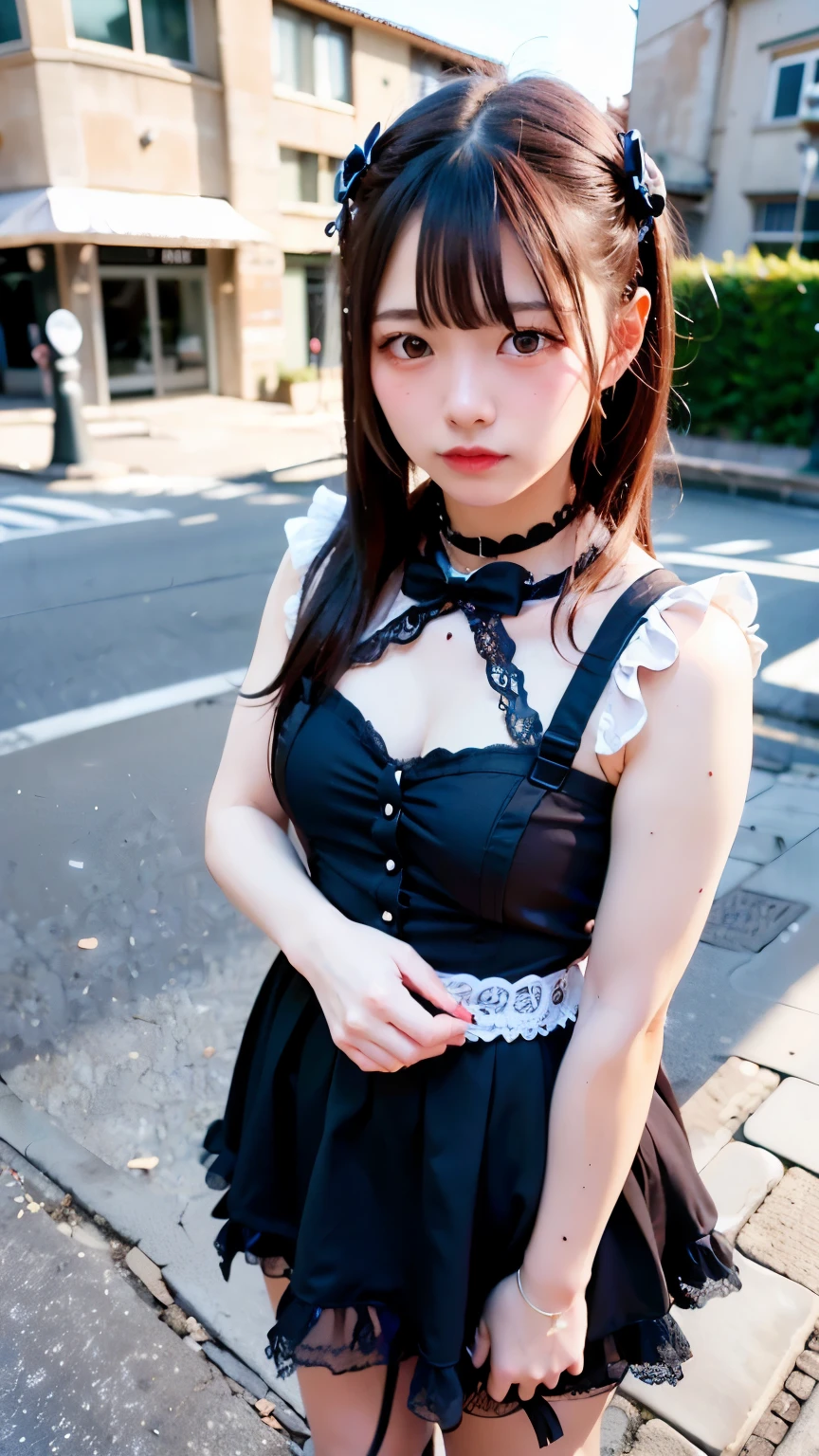 (Realistic, photo-Realistic:1.37), Unbelievably absurd, (Very detailed:1.3), 8k, (masterpiece), (Highest quality:1.4), (Ultra-high resolution:1.2), (RAW Photos:1.2), Very detailed背景, (unity 8k wallpaper), 1 nogizaka girl, very cute, (bishojo:1.35), (17yo:1.4), (white, Black and pink mine fashion), (Delicate and beautiful face, eye, skin), (Beautiful dress with intricate details), Gothic Maid, (Open chest), (Thick black shiny hair), (Elegant frills), (Blue rose hair accessory), (Smiling for the camera), whole body, Street view, Professional Lighting, 1 Girl, (Light pink hair)