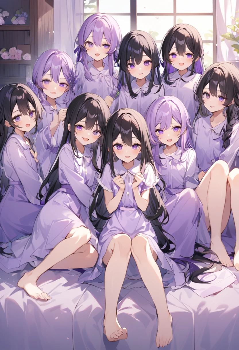 Keito。Purple pajamas。Purple Eyes。Black Hair。barefoot。7 Sistery eldest daughter has lavender hair.。all female。Seven siblings。Purple bed