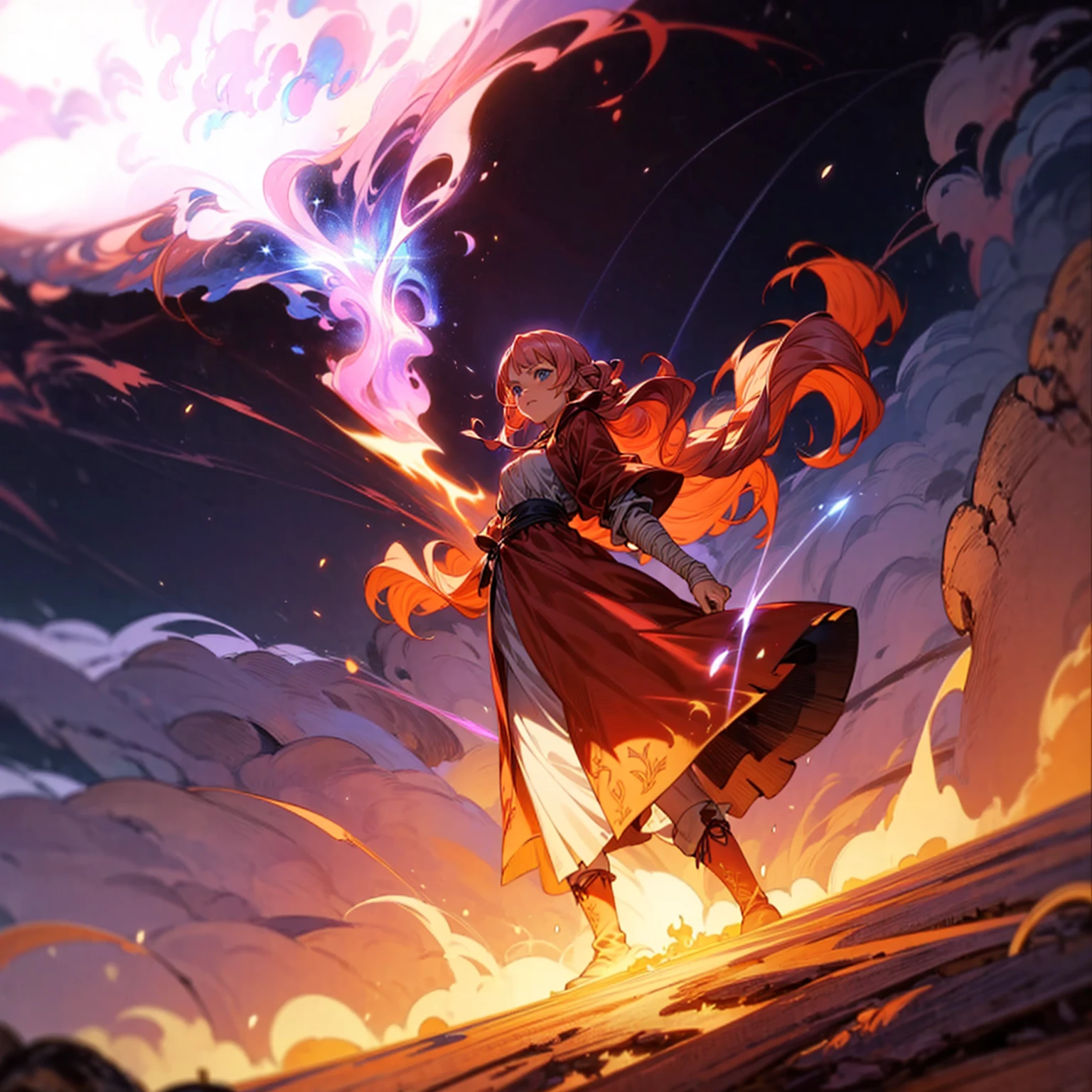 1woman, 1character, woman version, blue eyes, long Curly haircut, pink colour hair, Ancient Roman clothing, red colour clothing, long dress, boots, Bandage on hand, Grassroots, background in field town, motion blur, fire burned in hand, (one piece style art), (high angle view), smoke effect, aura effect, blue lighting, (the largest blue fireball), Moonlight, moon, blue fireball light silhouette, blue fire, lightning flash, plasma effect 