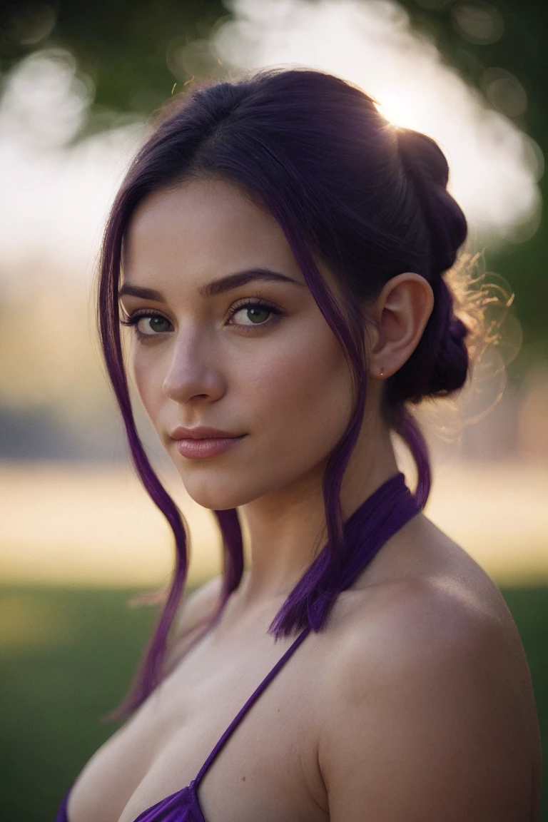 cinematic film, Realistic photograph, shallow depth of field, vignette, highly detailed, high budget, bokeh, cinemascope, moody, epic, gorgeous, film grain, grainy, 
A romantic action movie still portrays a distant, candid shot of a female character with long, purple hair that is tied up chignon style.
The background is dominated by deep green and purples mountainscape, with a large green visible sun in the dusk sky, creating a mysterious and dramatic atmosphere.
The character's face is reminscent of a celebrity, with a small nose, adorable look.  She has a flirting smirk visage,with penetrating knowing eyes and striking features.
She wears a sheer, skimpy outfit with abundant tiny and delicate gold body chains, delicate jewelry, and mediums-sized elf-like ears. sunrays backlight the gorgeous young woman.
cinematic film, Realistic photograph, shallow depth of field, vignette, highly detailed, high budget, bokeh, cinemascope, moody, epic, gorgeous, film grain, grainy, 
