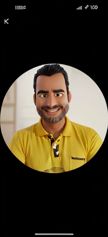 man smiling, black hair unshaven pixar style carton yellow polo shirt