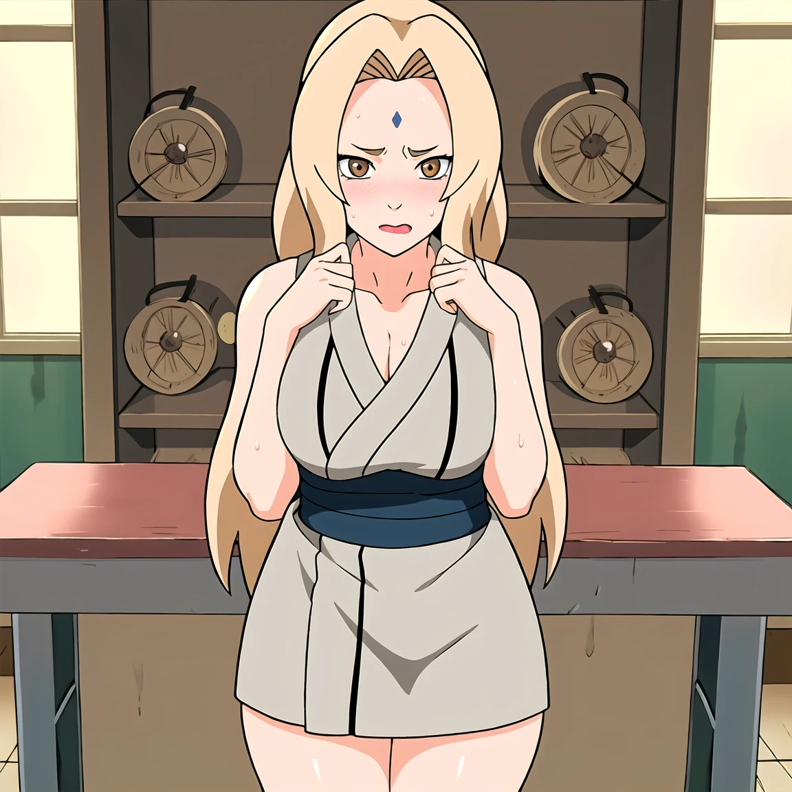 Tsunade , Brown eyes , Blonde Hair , Forehead Mark , (8K, RAW photos, best quality, masterpiece:1.2), (Intricate details), Perfect eyes, Perfect face, Perfect lighting, beautiful, (masterpiece:1.2), (best quality:1.2), 1 Girl, White shirt , Denim shorts ,  ,（Vision（blush，nervous，Vision，classroom，bookshelf，Standing，））masterpiece， absurd ， （Intricate details）， （Colorful）， light， Extremely detailed CG unity 8k wallpaper ，1 Girl， solo，（shy，classroom，night，blush，nervous，Sweating，蕾丝dress， ），sweat，blush，blush1.5，Blush，Medium chest，（（dress，Black stockings，）），（dress，Standing，Uncomfortable expression，Mouth open，Stick out your tongue）