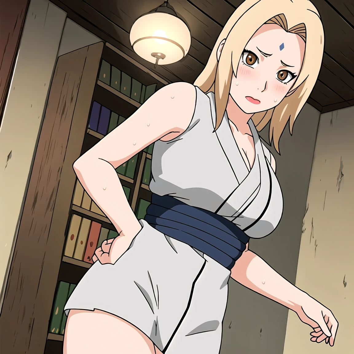 Tsunade , Brown eyes , Blonde Hair , Forehead Mark , (8K, RAW photos, best quality, masterpiece:1.2), (Intricate details), Perfect eyes, Perfect face, Perfect lighting, beautiful, (masterpiece:1.2), (best quality:1.2), 1 Girl, White shirt , Denim shorts , ,(Vision(blush,nervous,Vision,classroom,bookshelf,Standing,))masterpiece, absurd , (Intricate details), (Colorful), light, Extremely detailed CG unity 8k wallpaper ,1 Girl, solo,(shy,classroom,night,blush,nervous,Sweating,蕾丝dress, ),sweat,blush,blush1.5,Blush,Medium chest,((dress,Black stockings,)),(dress,Standing,Uncomfortable expression,Mouth open,Stick out your tongue)