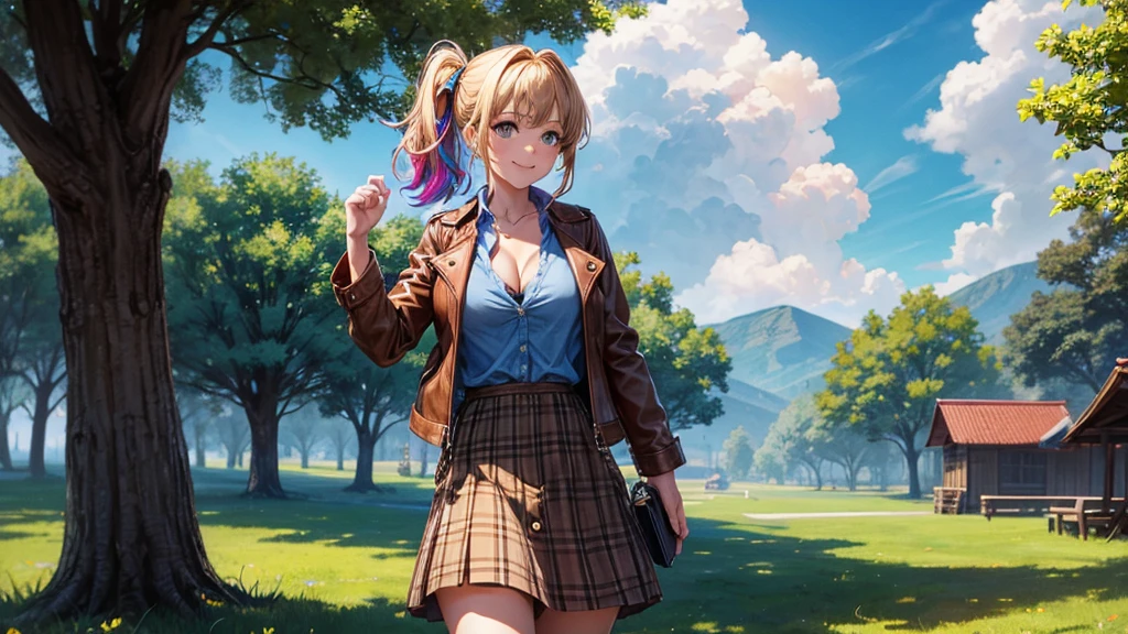 1girl, solo, full body, village, trees, sun, clouds, ((colorful hair)), side ponytail, large breasts, ((brown leather jacket)), button down shirt, ((blue checked shirt)), ((unbuttoned shirt)), unbuttoning buttons, cleavage 1:3 green eyes, long skirt, brown boots, smile, happy, looking at the viewer, standing, hair ribbon, golden necklate