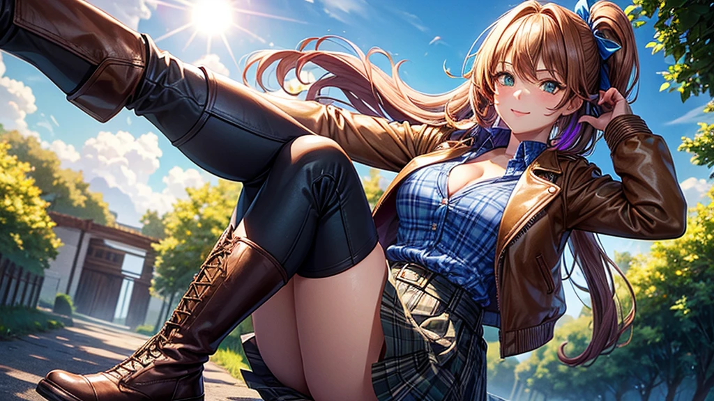 1girl, solo, trees, sun, clouds, autumn, colorful trees, falling leaves, ((brown hair)), ponytail, huge breasts, ((brown leather jacket)), button down shirt, ((blue checked shirt)), ((unbuttoned shirt)), unbuttoning buttons, cleavage 1:3, blue eyes, long skirt, brown boots, smile, happy, looking at the viewer, walking, hair ribbon, golden necklate