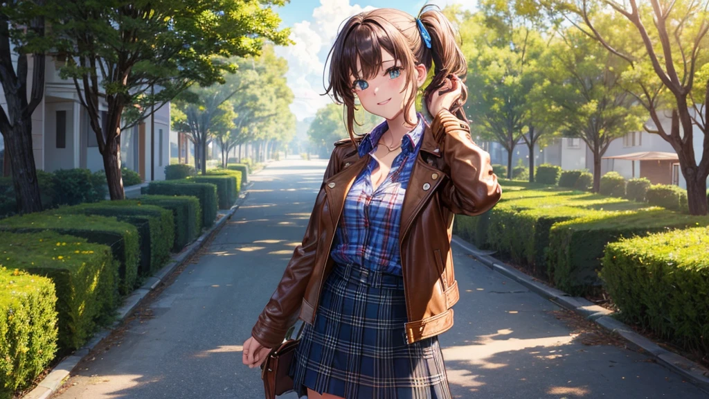 1girl, solo, full body, village, trees, sun, clouds, ((colorful hair)), side ponytail, large breasts, ((brown leather jacket)), button down shirt, ((blue checked shirt)), ((unbuttoned shirt)), unbuttoning buttons, cleavage 1:3 green eyes, long skirt, brown boots, smile, happy, looking at the viewer, standing, hair ribbon, golden necklate