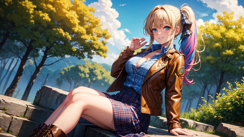 1girl, solo, ((upper view)), full body, summer, village, trees, sun, clouds, ((colorful hair)), ponytail, large full breasts, ((brown leather jacket)), button down shirt, ((blue checked shirt)), ((short sleeved shirt)), ((unbuttoned shirt)), unbuttoning buttons, cleavage 1:3, brown eyes, skirt, smile, looking at the viewer, standing, hair ribbon, golden necklate