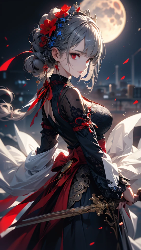 masterpiece, high quality, 4K, Beautiful design, silhouette,Gray Hair, 非常に詳細な夜のStarry Sky,Flower Field, wonderful, Finer details, Very knowledgeable woman, Highly detailed solo, 1 female,Red eyes,Big Breasts,Blue Gothic ta Fashion,Night view,Starry Sky,Red full moon,