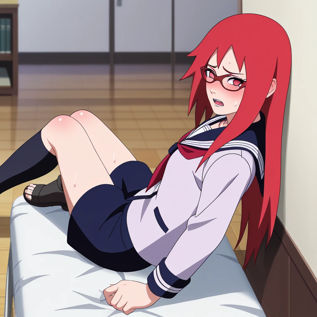Red hair, 1 Girl, Glasses, Long hair, Red Eyes, Solitary, Sailor Suit, Black over-the-knee stockings, Black shorts, Umbilical cord, Looking at the audience,No students, Japanese cartoons screencap, Japanese cartoons coloring,src_Japanese cartoons,Naruto \(series\), Naruto shippuuden,((blush,nervous,Vision,classroom,bookshelf,sit on the chair,))masterpiece, absurd , (Intricate details), (Colorful), light, Extremely detailed CG unity 8k wallpaper ,1 Girl, solo,(shy,classroom,night,blush,nervous,Sweating,蕾丝dress, ),sweat,blush,blush1.5,Blush,Medium chest,((dress,Black stockings,)),(dress,Lying in bed,Uncomfortable expression,Mouth open,spit)
