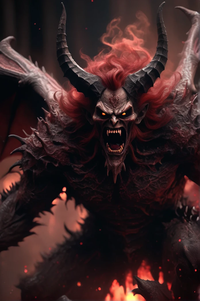 Horror-themed cinematic film still,a horrifying red-skinned male demon king, (full body portrait:1.3), (detailed monstrous evil face:1.4), screaming, wide spread bat like wings, (detailed scaly skin texture:1.2), long curved horns, (in hell, swirling tormented souls, billowing smoke:1.5), black spiky armor,, shallow depth of field, vignette, highly detailed, high budget, bokeh, cinemascope, moody, epic, gorgeous, film grain, grainy . Eerie, unsettling, dark, spooky, suspenseful, grim, highly detailed