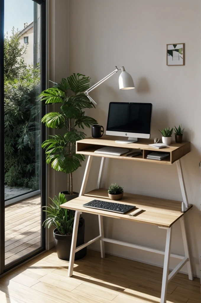 Miniature youtube : Un bureau minimaliste placé près d'une grande fenêtre avec une vue sur un paysage naturel. Éléments sur le bureau : ordinateur portable, carnet, tasse de café, et une plante. Texte 'Travaillez Sereinement'. Hyper réaliste, ambiance lumineuse et apaisante.