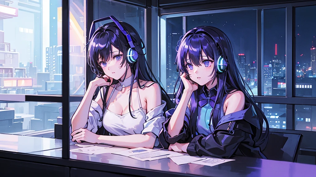 最high quality、best image quality、masterpiece、with a girl((18-year-old、cool hat、Tattoo on the right shoulder、Black Navel Tank Top、white shorts、vest bust、bust 85、purple hair、long hair、blue eyes、open your chest wide、happiness、chain accessories、black wristband on wrist、Slender、laughter、have a controller、sexy shot、gaming headphones、all fours pose))high quality、visual art、magazine cover style、With background((neon color room、gaming pc、gaming desk、gaming chair、Gaming bed、game machine、atmosphere of the night))、table top、depth(cyber-)