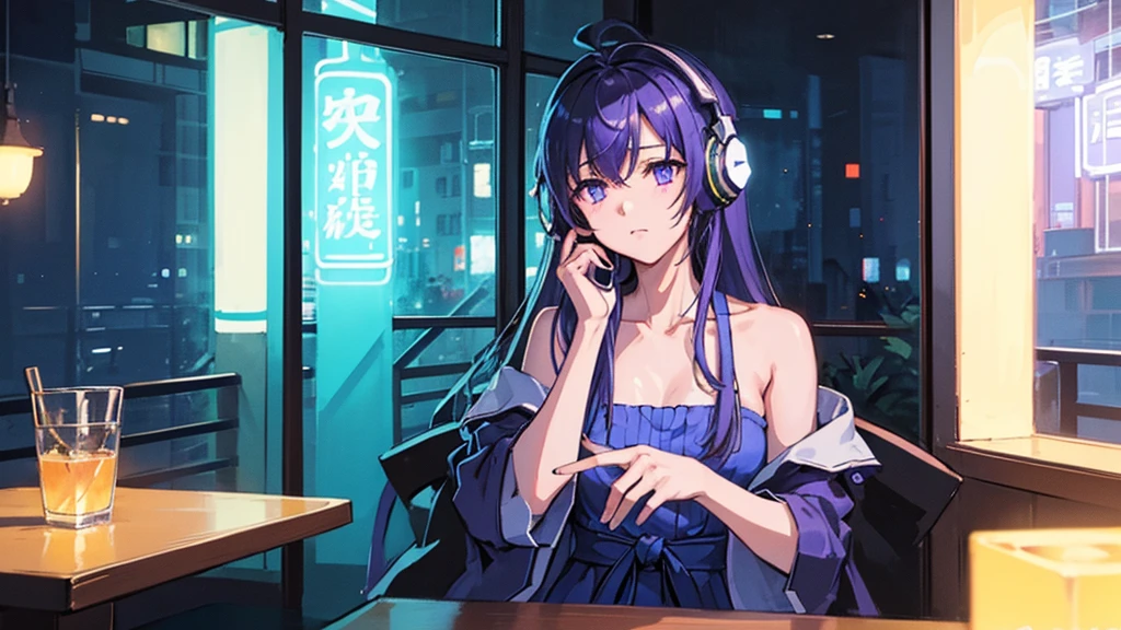 「Quiet night cityscape、The neon lights are shining outside the window。A character sitting by the window and wearing headphones、Relaxing and listening to music。The characters are dressed simply and casually.、Long hair hanging over the shoulders。The interior of the cafe is modern and stylish.、The background is in soft blue and purple tones.、It creates a calm atmosphere。」