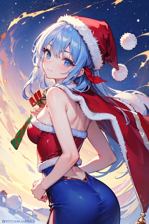 masterpiece, Highest quality, Very detailed, figure,One girl, View your viewers, Highest quality,Depth of written boundary,(Mouth closed,A light smile,blue eyes:1.1),Beautiful sparkle , (Santa Costume:1.3),(Put your hands behind your back:1.3),(Put your arms behind your back:1.3),Flaming (Arknights),