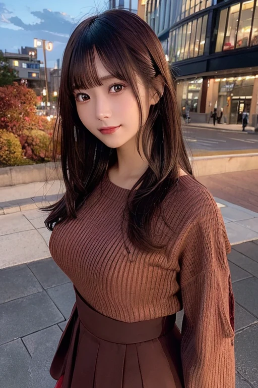 masterpiece, best quality, photorealistic, raw photo, DSLR, 15-year-old beautiful Japanese girl, shiny fair skin, realistic beautiful no makeup face, realistic beautiful bright eyes, double eyelids, look at viewer, smiling, highest detailed shiny black short hair and bangs, disheveled hair, slim figure, slim face, slim waist, big breasts, ((red and brown, layered autumn clothes, long flare skirt, city at dusk, sunset)), realistic lighting and shadows, depth of fields, highest delicate and beautiful photo, ultra high resolution, 8k UHD wallpaper, gigantic breasts