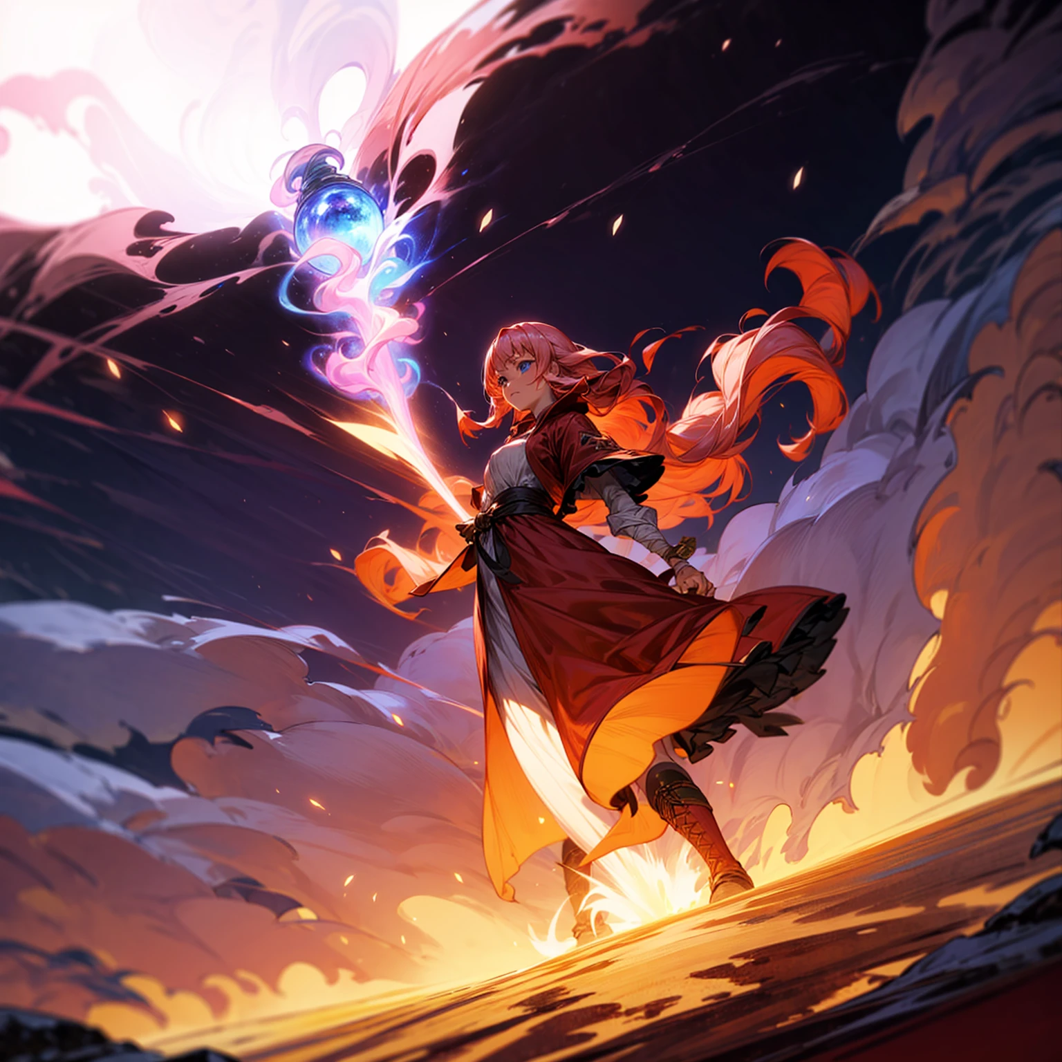 1woman, 1character, woman version, blue eyes, long Curly haircut, pink colour hair, Ancient Roman clothing, red colour clothing, long dress, boots, Bandage on hand, Grassroots, background in field town, motion blur, fire burned in hand, (one piece style art), (high angle view), smoke effect, aura effect, blue lighting, (the largest blue fireball), Moonlight, moon, blue fireball light silhouette, blue fire, lightning flash, plasma effect 