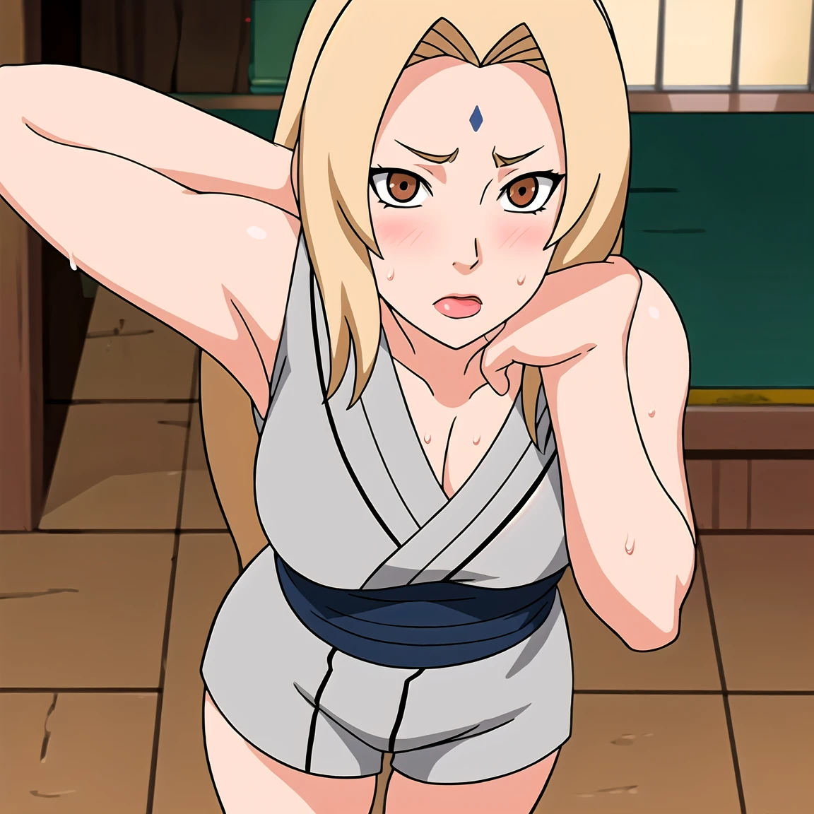 Tsunade , Brown eyes , Blonde Hair , Forehead Mark , (8K, RAW photos, best quality, masterpiece:1.2), (Intricate details), Perfect eyes, Perfect face, Perfect lighting, beautiful, (masterpiece:1.2), (best quality:1.2), 1 Girl, White shirt , Denim shorts , ,((blush,nervous,Vision,classroom,bookshelf,Standing,))masterpiece, absurd , (Intricate details), (Colorful), light, Extremely detailed CG unity 8k wallpaper ,1 Girl, solo,(shy,classroom,night,blush,nervous,Sweating,蕾丝dress, ),sweat,blush,blush1.5,Blush,Medium chest,((dress,Black stockings,)),(dress,Standing,Uncomfortable expression,Mouth open,Stick out your tongue,)