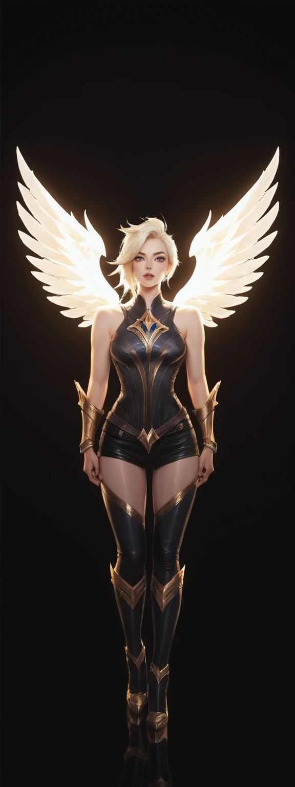 realistic, score_9, score_8_up, score_7_up, score_6_up, 
1girl, solo, from front, full body, Kayle \(league of legends\),  black background, makeup, sidelighting, backlighting, glowing,