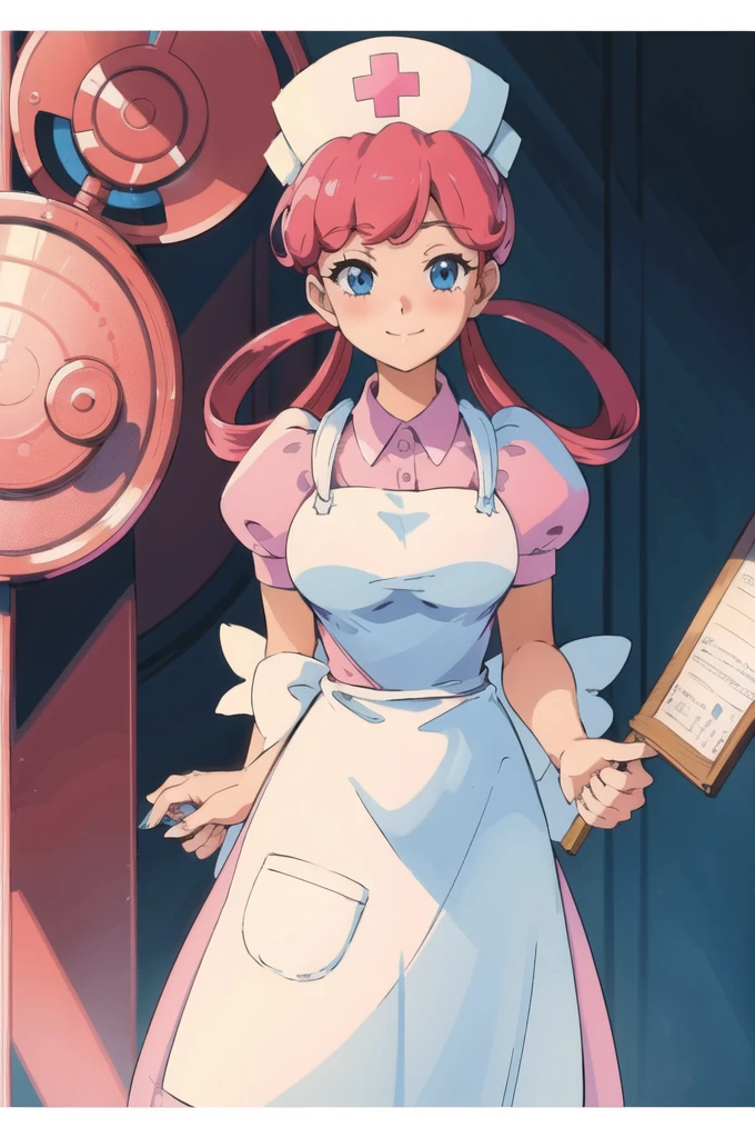 (masterpiece, Highest quality:1.2), nurse joy, Pokemon, blue eyes, Mouth closed, Long Hair, Pink Hair, Short sleeve, nurse, blush, Holding, puffy Short sleeve, Large Breasts, Puff sleeves,  nurse cap, One girl, View your viewers, smile, alone, Have, dress, apron, Hair Ring, clipboard 