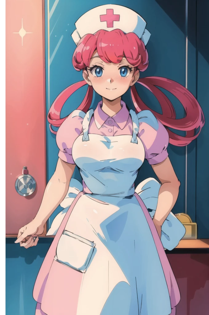 (masterpiece, Highest quality:1.2), nurse joy, Pokemon, blue eyes, Mouth closed, Long Hair, Pink Hair, Short sleeve, nurse, blush, Holding, puffy Short sleeve, Large Breasts, Puff sleeves,  nurse cap, One girl, View your viewers, smile, alone, Have, dress, apron, Hair Ring, clipboard 