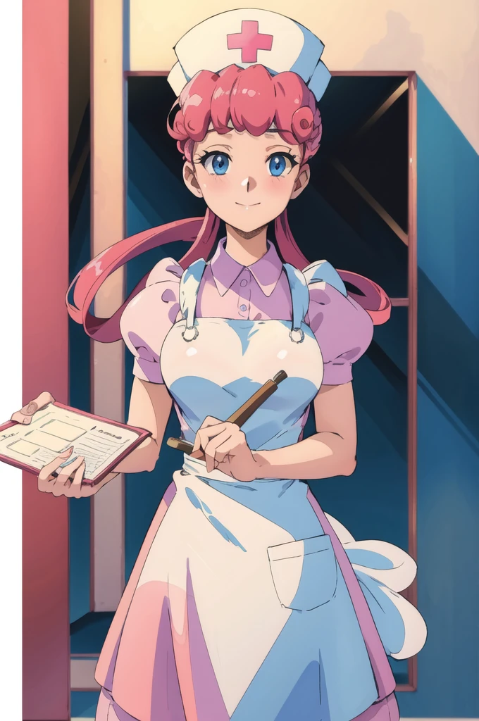 (masterpiece, Highest quality:1.2), nurse joy, Pokemon, blue eyes, Mouth closed, Long Hair, Pink Hair, Short sleeve, nurse, blush, Holding, puffy Short sleeve, Large Breasts, Puff sleeves,  nurse cap, One girl, View your viewers, smile, alone, Have, dress, apron, Hair Ring, clipboard 