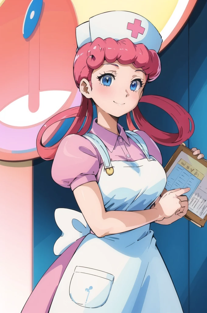 (masterpiece, Highest quality:1.2), nurse joy, Pokemon, blue eyes, Mouth closed, Long Hair, Pink Hair, Short sleeve, nurse, blush, Holding, puffy Short sleeve, Large Breasts, Puff sleeves,  nurse cap, One girl, View your viewers, smile, alone, Have, dress, apron, Hair Ring, clipboard 