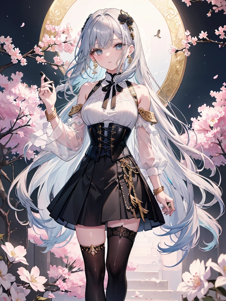 8k,High resolution RAW color art, Anime Art,Silver Marble Skin, (((Highly detailed elegant))), Detailed skin, texture,(Exquisitely crafted, The finer details, Ultra-detailed art), (1 Girl), Depth of written boundary, Silky Touch, Hyper Detail, Cool face, eye shadow、Armed pretty woman, Beautiful attention to detail, Beautiful lip detail, Highly detailed face, Delicate depiction of hair and eyes, Detailed Fashion, Blue sparkling eyes, Earrings, Slightly larger breasts,Full body depiction, ,Focus on the user、Stylish white off-shoulder pants、((((Black above the knee skirt)))、corset、Black tights up to the knee、Thighs、Golden decoration, Black nails, Gray Hair, Golden bracelet, Long Straight Hair, Light blue outer color、(((Hair)))、sweater、Cherry Blossoms at Night（Lesoonlight、肌面積Lesature)))、Calm background
